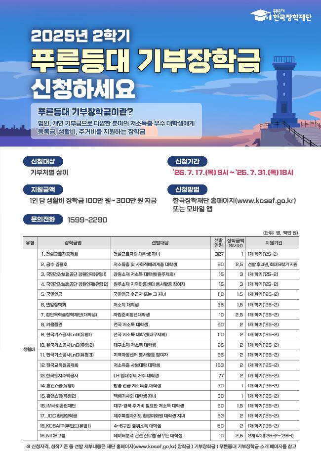 [학생처] 2025학년도 2학기 푸른등대 기부장학금 신청 안내